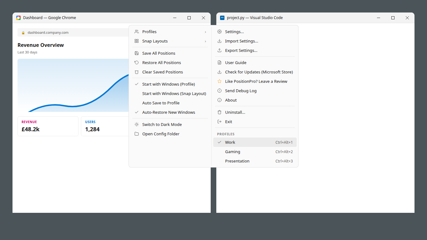 PositionPro tray menu with profiles and shortcuts